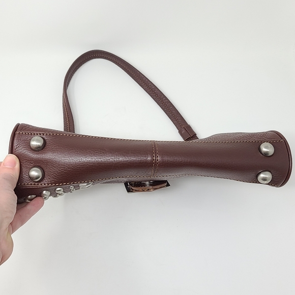 Vtg 90s Y2K Brown Leather Studded Short Strap Hand Shoulder Bag Animal Print - Picture 4 of 10